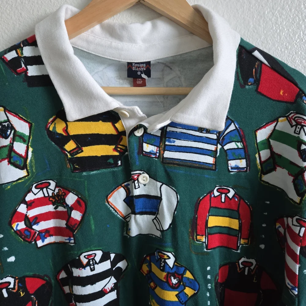Rowing Blazers Rugby All Over Print Green Polo Shirt Top Size 2XL